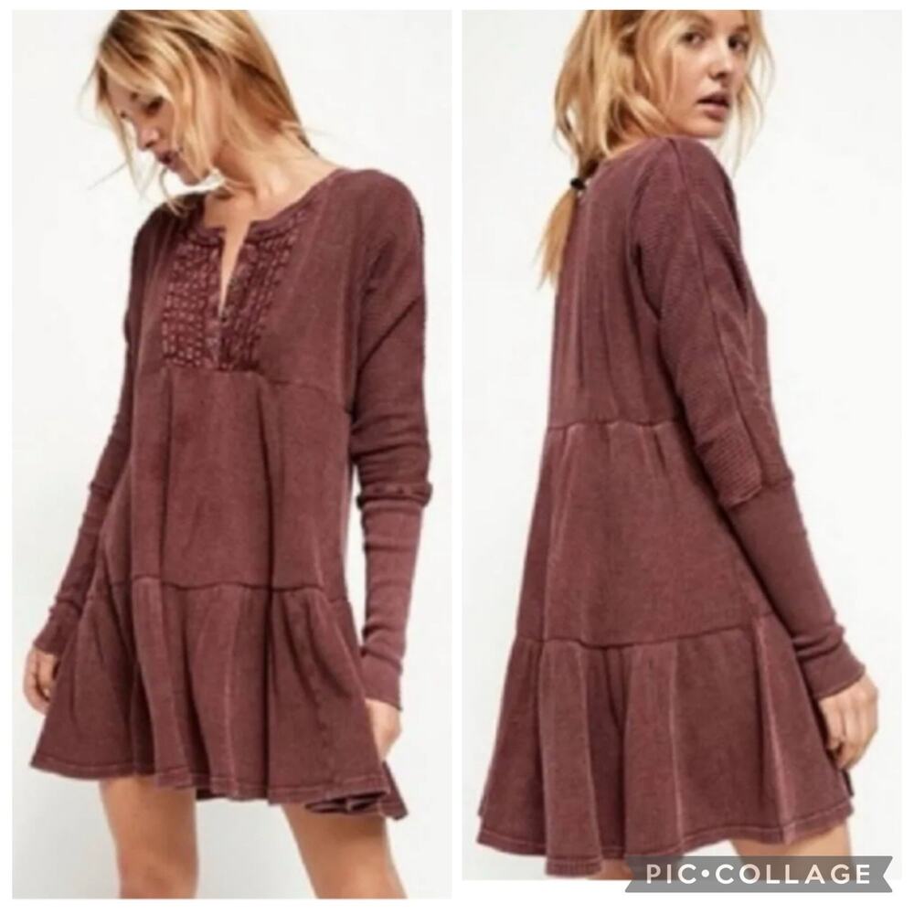 Free People One Jolene Mini Dress Large Thermal Babydoll Tiered Pleated Boho